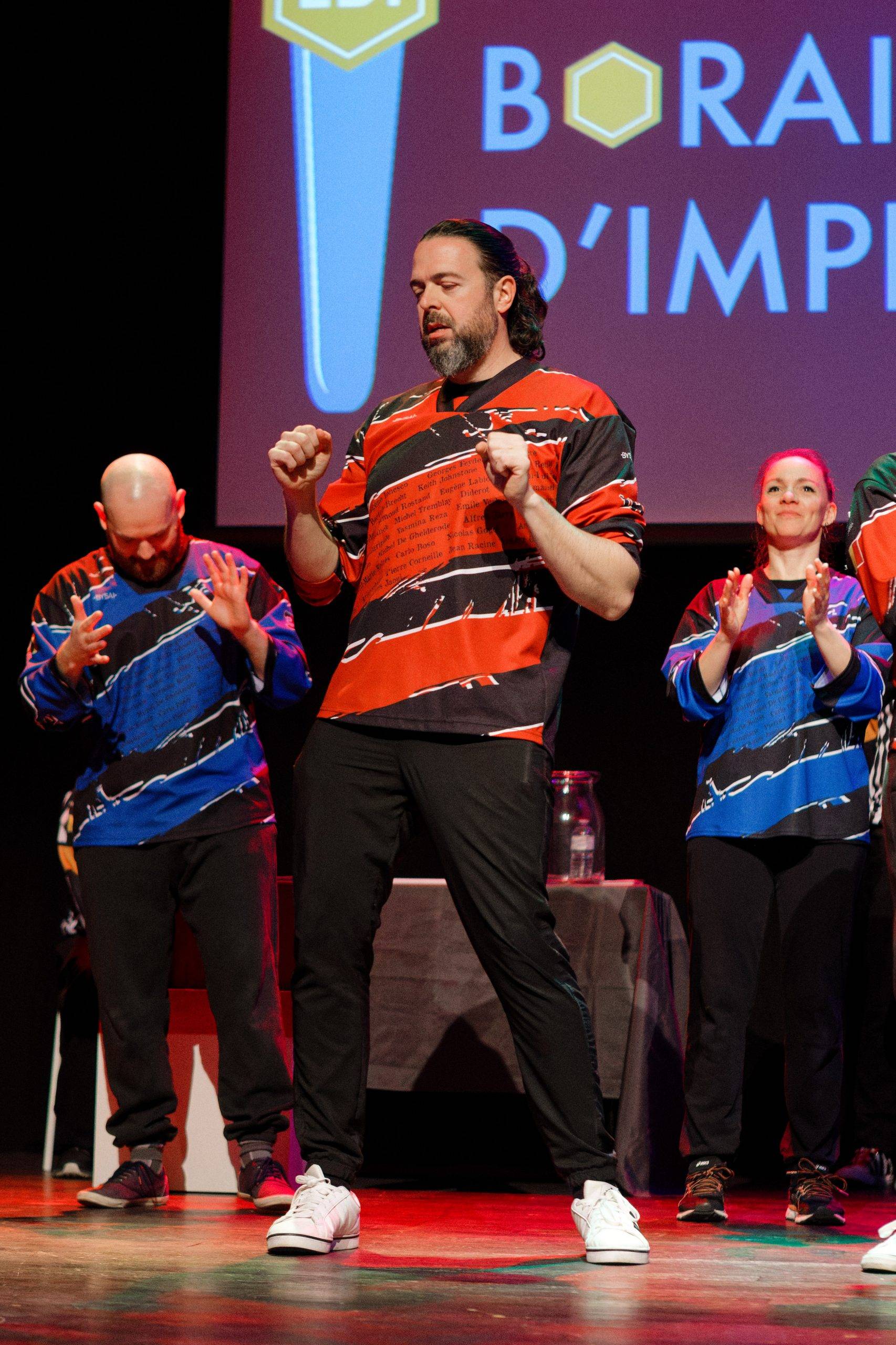 Joueurs de la Ligue Boraine d'Improvisation durant le spectacle match d'impro entre Jemappes et Mons